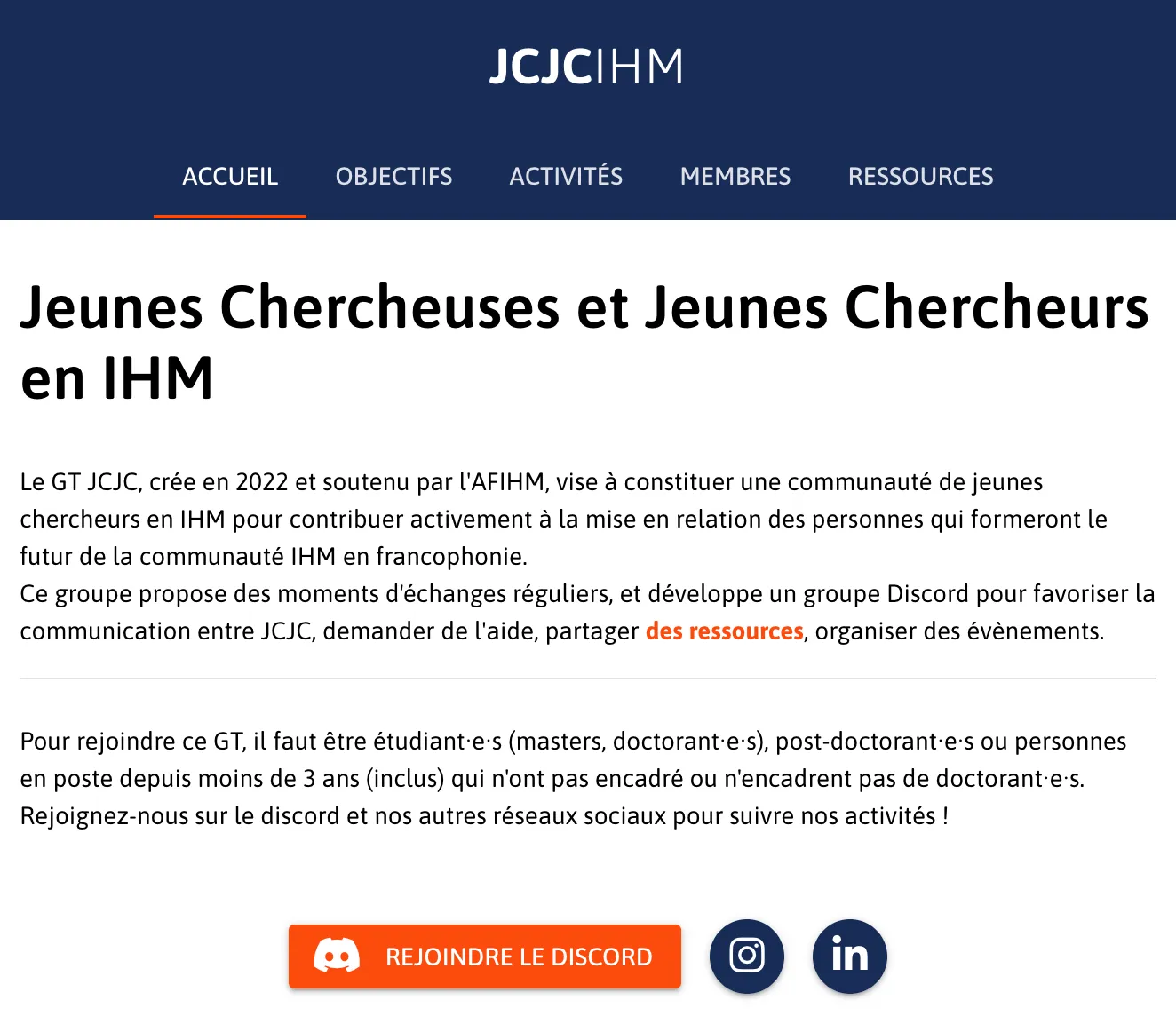 Capture d’écran du site du GT JCJC IHM, Jeunes Chercheuses et Jeunes Chercheurs en IHM