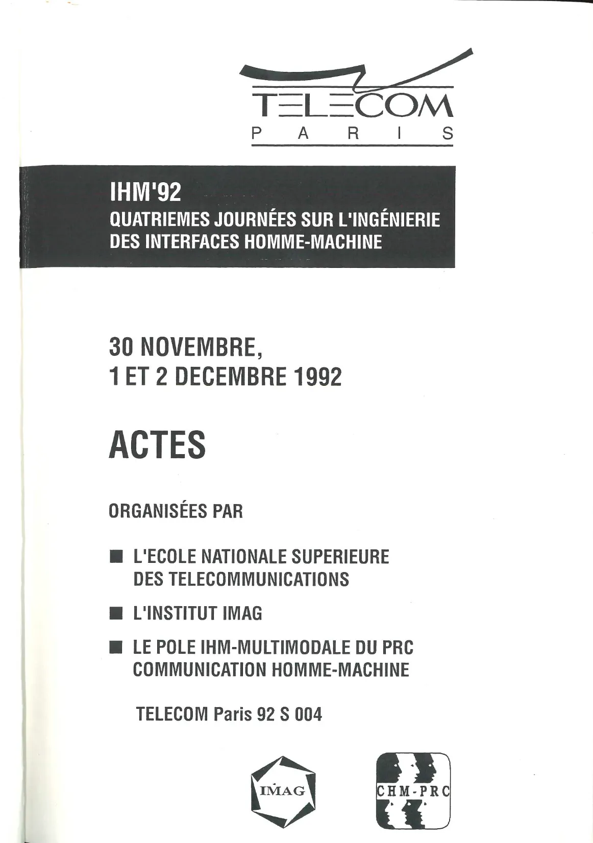 Couverture des actes d’IHM’92, Telecom Paris, 30 novembre - 2 décembre 1992